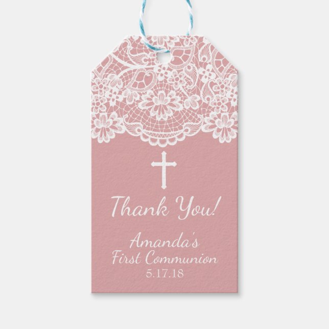 Rose PInk Vintage Lace First Communion Gift Tag (Front)