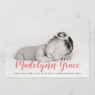 Rose Pink Watercolor Girl Photo Birth Announcement