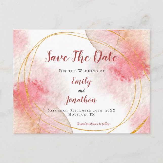 Rose Pink Watercolor Gold Lines Save The Date Postcard (Front)