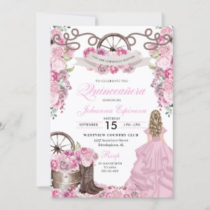 Rose Pink Western Ranchero Quinceanera Invitation