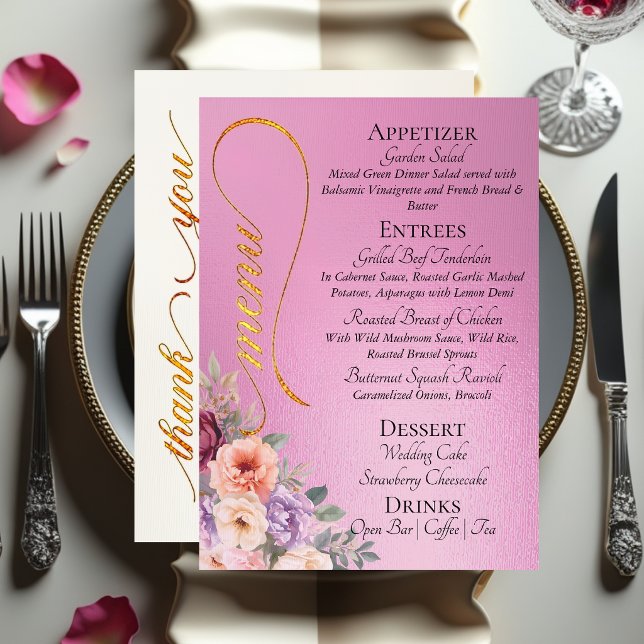 Rose Pink - Wildflowers, Monogram & Thank You  Menu (Creator Uploaded)