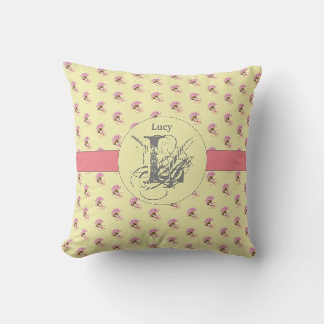 Rose Pink Yellow Floral Unique Chic Monogram Name Cushion (Front)