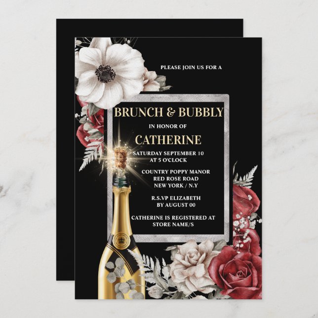 Rose poppy flower red white botanical bubbly invitation (Front/Back)