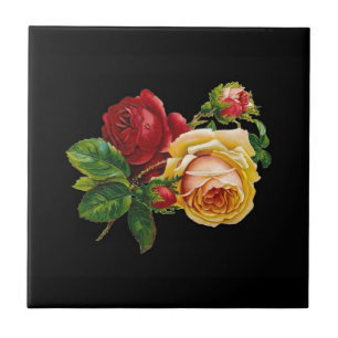 Rose Print Accessories - black, red, vintage art Tile