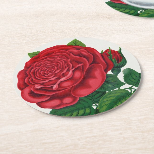 Rose Print Rochester Lithographing and Printing Co Round Paper Coaster (Angled)