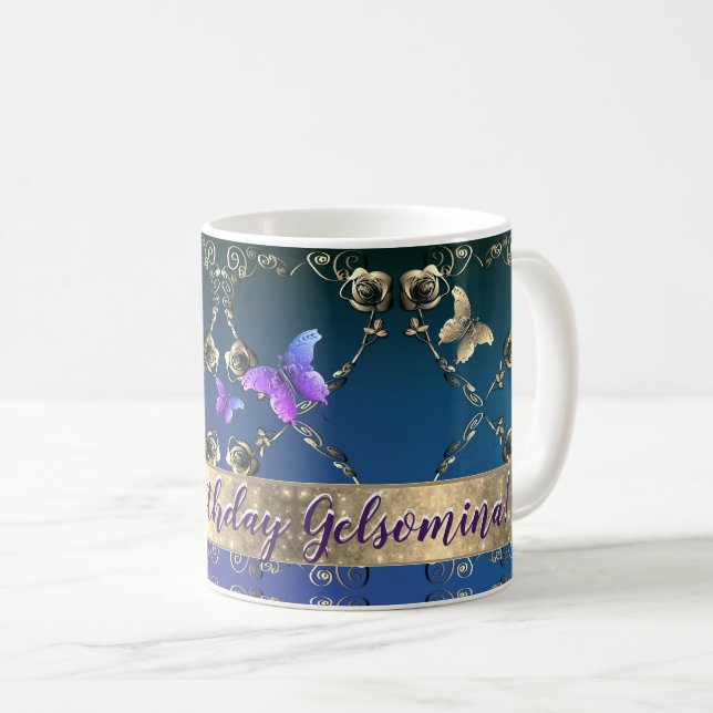 Rose Purple Butterflies w/Name  Coffee Mug (Front Right)