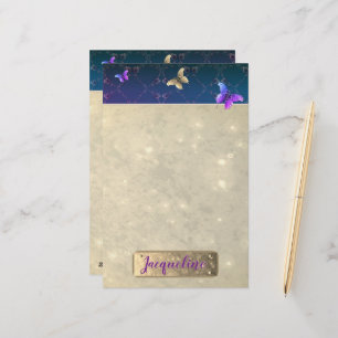 Rose Purple Butterflies w/Name  Stationery