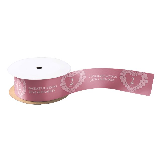 Rose quartz 2nd wedding anniversary pink hearts satin ribbon (Spool)