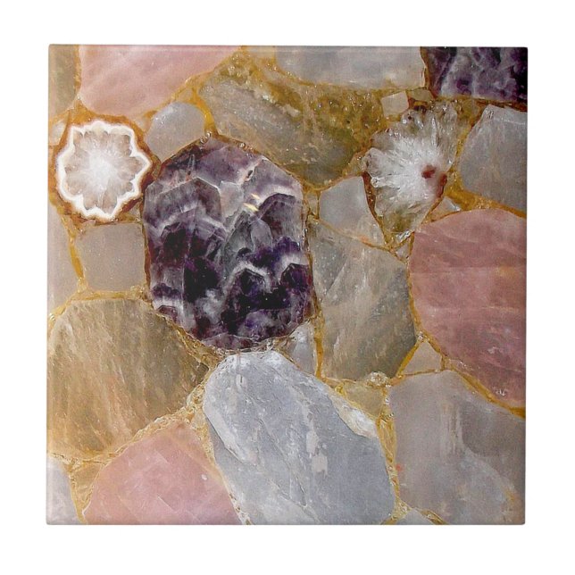 Rose Quartz, Amethyst, White Geode, Gemstone Print Ceramic Tile (Front)