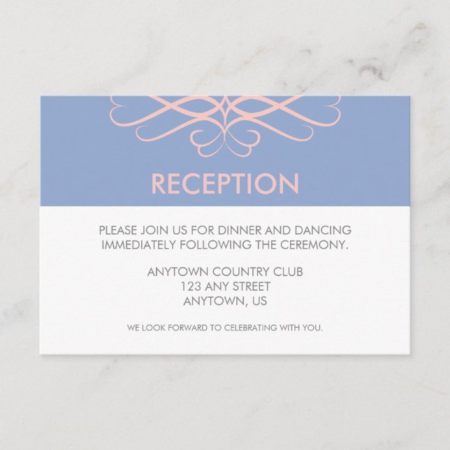 Rose Quartz and Blue, Elegant Flourishes Wedding Enclosure Card (Front)