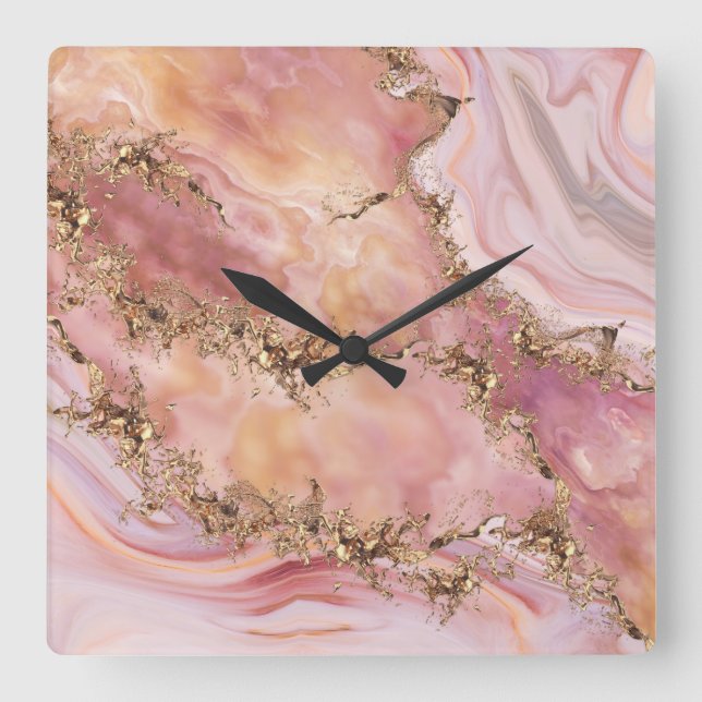 Rose quartz and pastel pink marble square wall clock (Front)