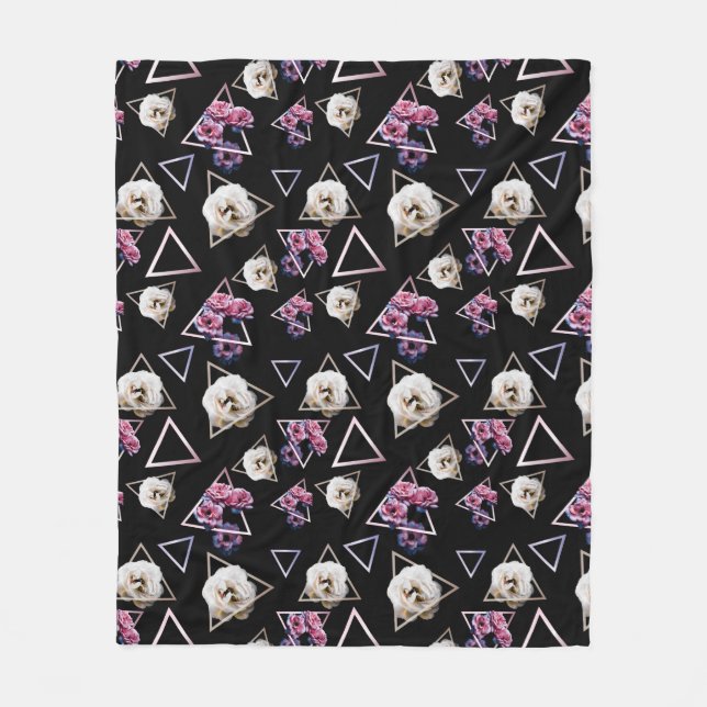 Rose quartz and pink tourmaline dark floral fleece blanket (Front)