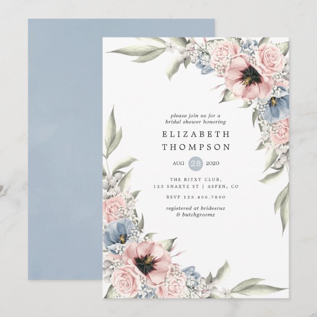 Rose Quartz and Serenity Blue Floral Bridal Shower Invitation (Front/Back)
