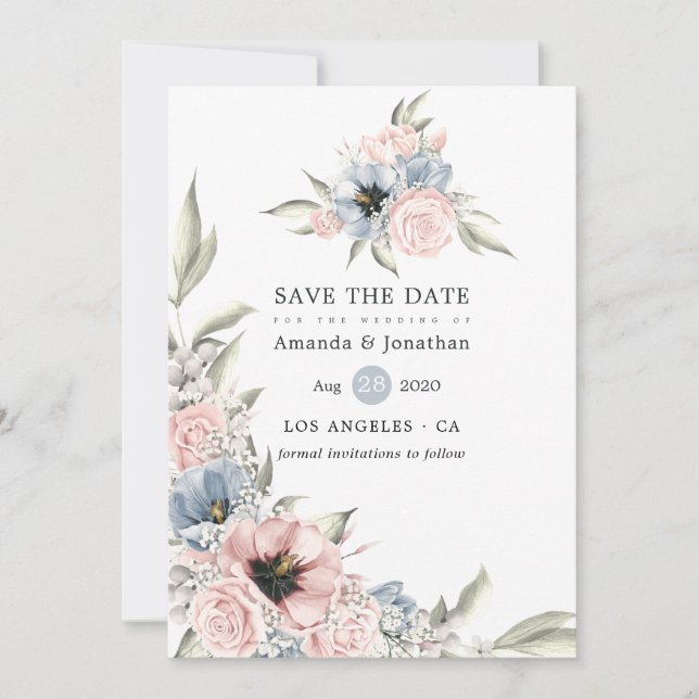 Rose Quartz and Serenity Blue Floral Wedding Save The Date (Front)
