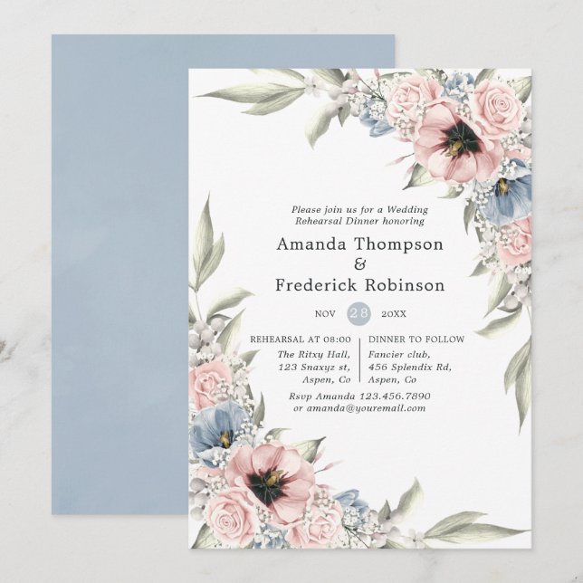 Rose Quartz and Serenity Floral Rehearsal Dinner Invitation (Front/Back)