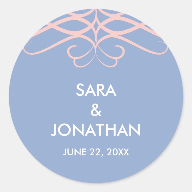 Rose Quartz & Blue, Elegant Personalised Wedding Classic Round Sticker (Front)