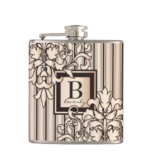 Rose Quartz Damask Stripes Monogram Girly Neutral Hip Flask