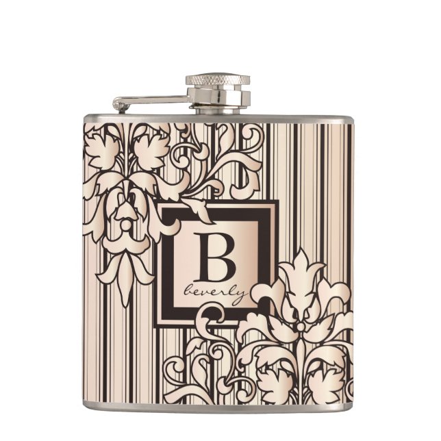 Rose Quartz Damask Stripes Monogram Girly Neutral Hip Flask (Front)