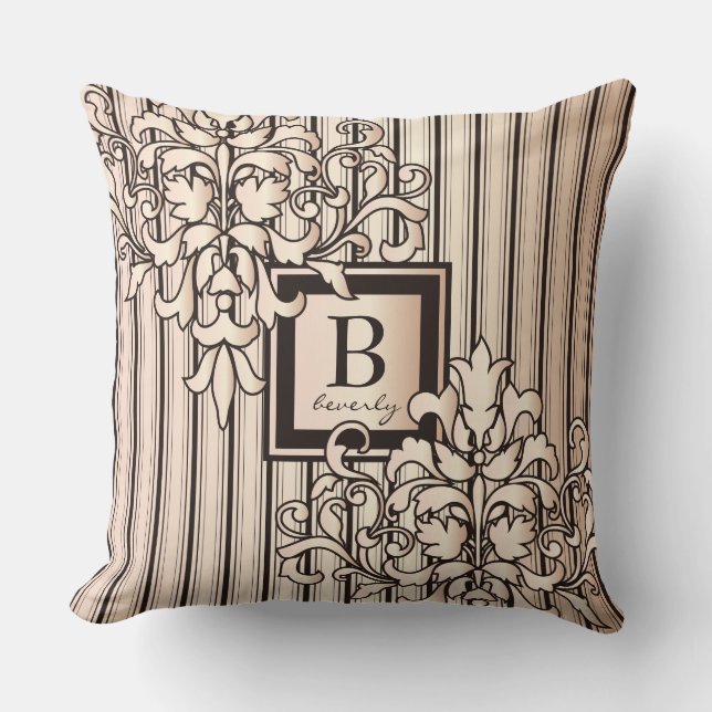 Rose Quartz Damask Stripes Monotone Neutral Girly Cushion (Front)