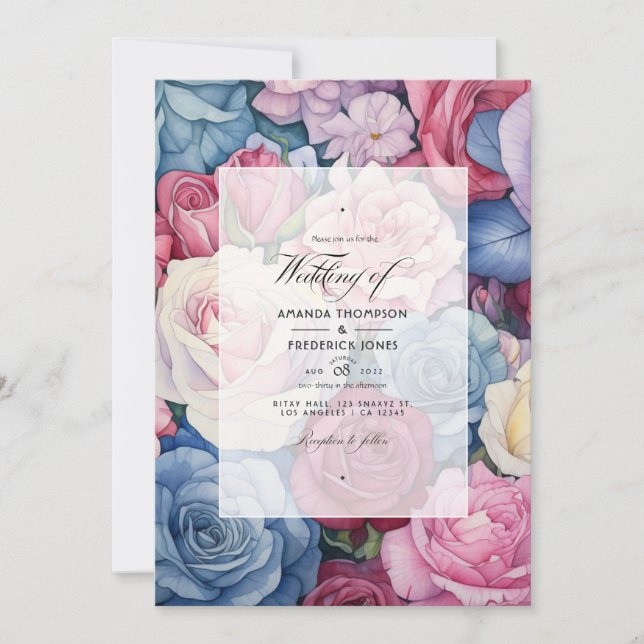 Rose Quartz, Dusty Blue, Pink and Cream Wedding Invitation (Front)