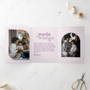 Rose Quartz Frost Cozy Vibes Retro Christmas Photo Tri-Fold Holiday Card