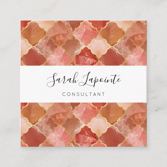 Rose Quartz & Gold Chic & Elegant Moroccan Pattern Square Business Card (Front)