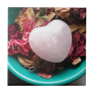 Rose Quartz Heart in a Bed of Rose Petals Tile
