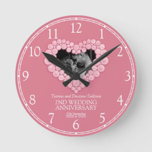 Rose quartz heart pink 2nd wedding anniversary round clock