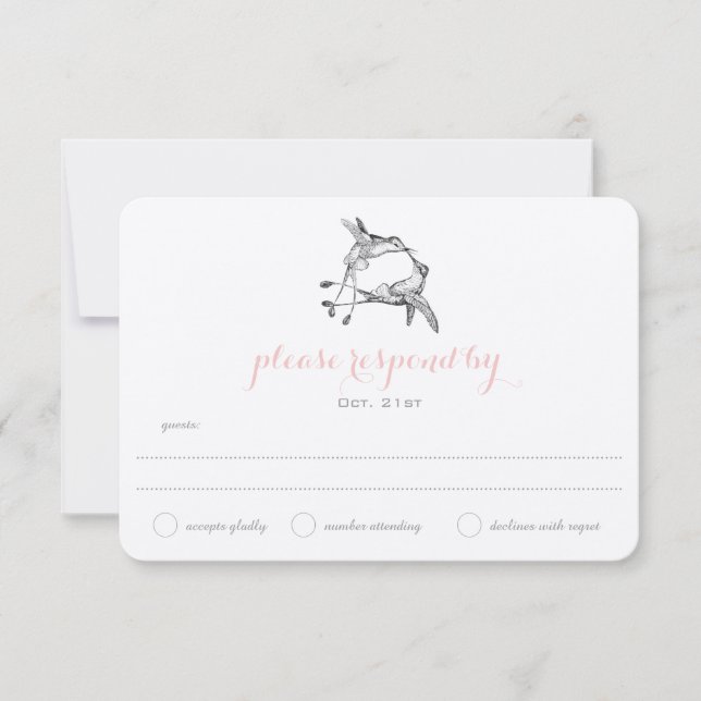 Rose Quartz Hummingbird Kiss Wedding Wedding RSVP Card (Front)