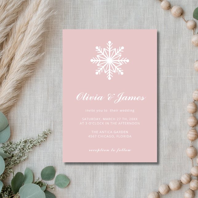 Rose Quartz Minimal Snowflake Calligraphy Wedding Invitation (Creator Uploaded)