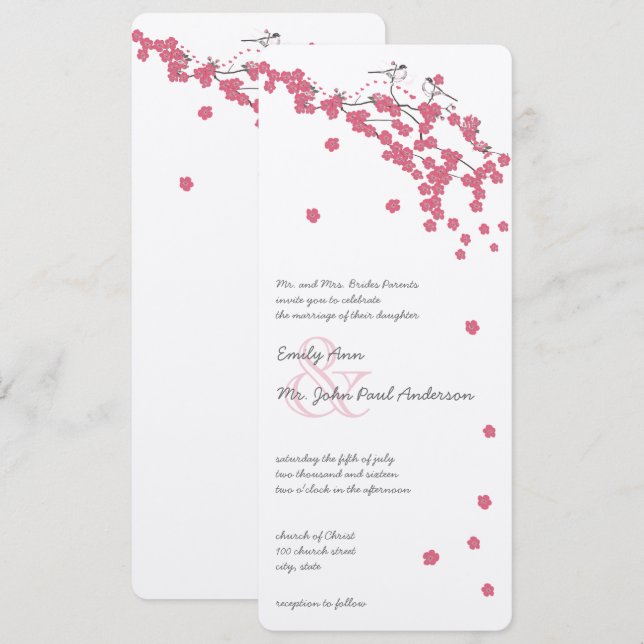 Rose Quartz Pink Cherry Blossom Chickadee Wedding Invitation (Front/Back)