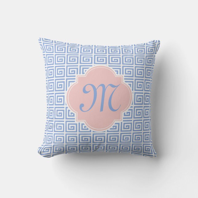 Rose Quartz Pink Serene Blue Greek Key Quatrefoil Cushion (Front)