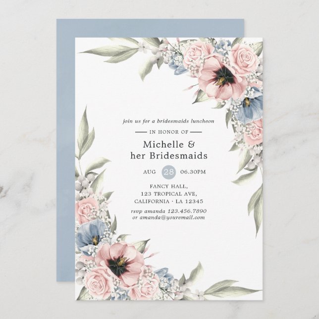 Rose Quartz & Serenity Floral Bridesmaids Luncheon Invitation (Front/Back)