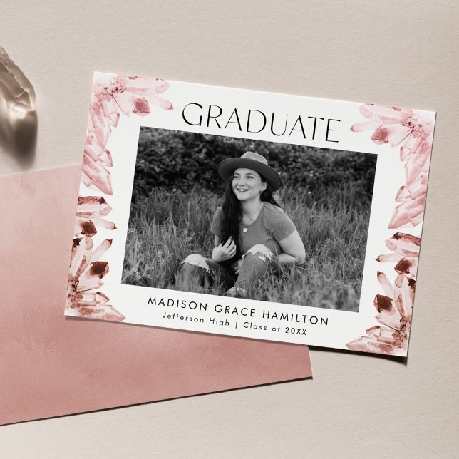 Rose Quartz Watercolor Crystals Photo Graduation Announcement (Creator Uploaded)