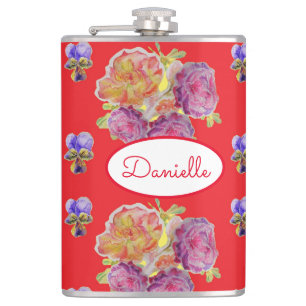 Rose Red Floral Roses Vintage Garden Womans Retro  Hip Flask