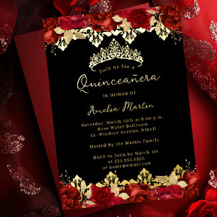 Rose Red Gold Damask Floral Quinceanera
