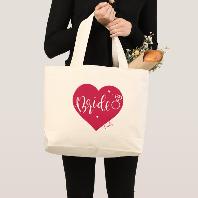 Rose red heart and script personalised bride large tote bag (Front (Product))