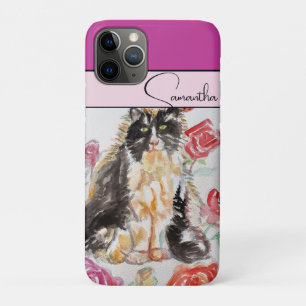 Rose Red pink Watercolor Roses Tuxedo Cat Cats iPhone 11 Pro Case
