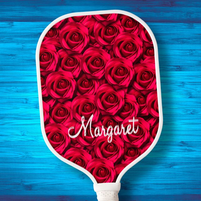 Rose Red Roses Elegant Script Floral Custom Name Pickleball Paddle (Creator Uploaded)