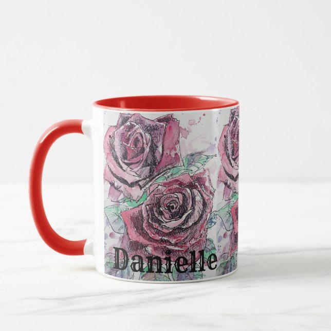Rose Red Watercolor floral Art Painting Womans Mug (Left)