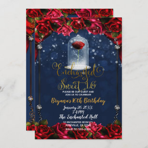 Rose Reds Navy Blue & Gold Sweet 16 Party Invitation