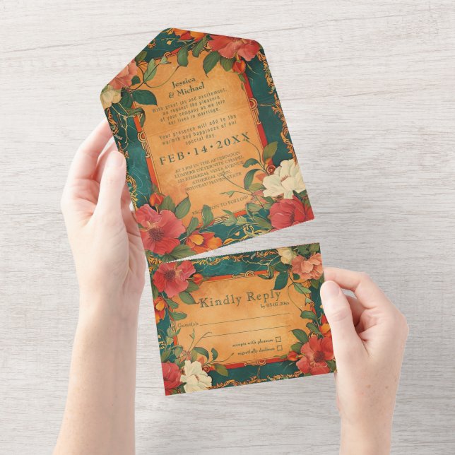 🌹  Rose Romance: Art Nouveau Splendour All In One Invitation (Tearaway)