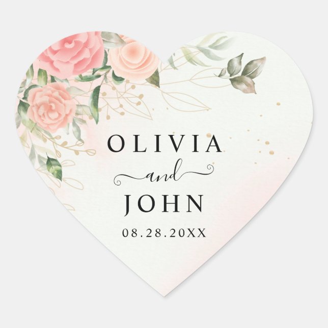 Rose Romantic Watercolor Wedding Pink Floral Heart Sticker (Front)