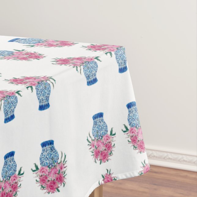 Rose Roses Blue Ginger Jars Jar Tablecloth (In Situ)