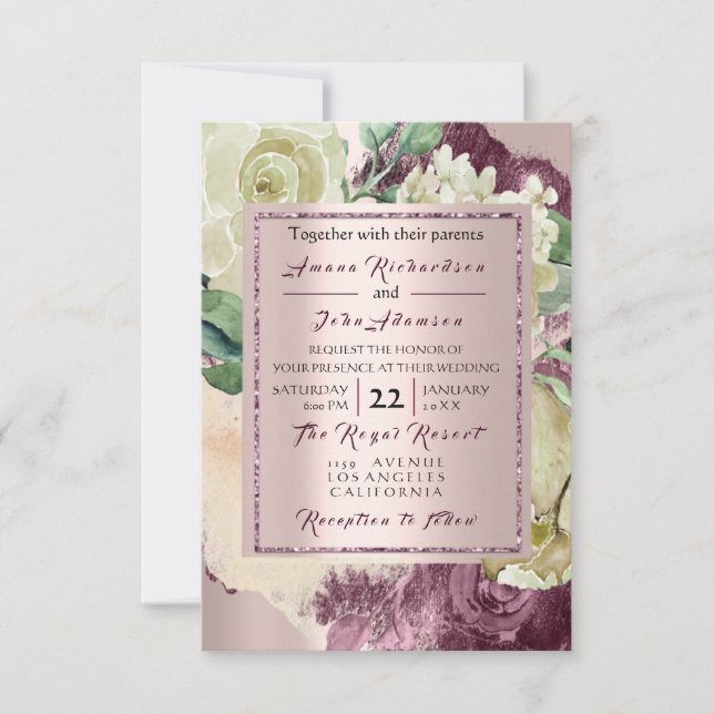 Rose Rustic Creamy Marsala  Burgundy Roses Wedding Invitation (Front)