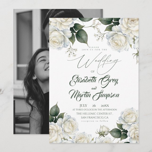 Rose Sage & White Wedding Invitation (Front/Back)