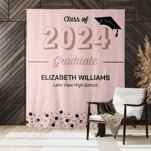 Rose Script Confetti Grad Party Pink Backdrop Tapestry