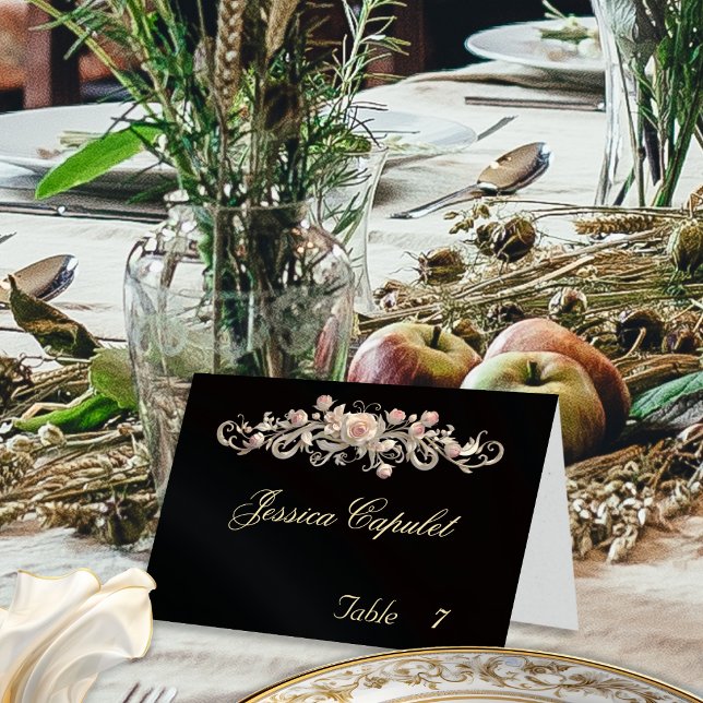 Rose Scroll & Heart Monogram - Black Place Card (Creator Uploaded)