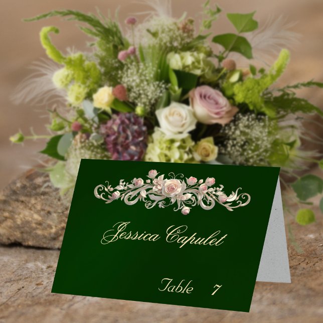 Rose Scroll & Heart Monogram - Emerald Place Card (Creator Uploaded)