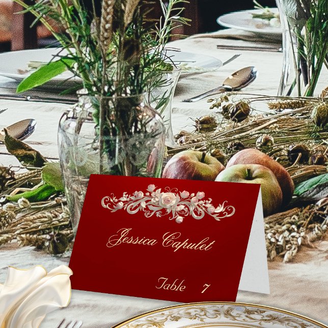 Rose Scroll & Heart Monogram - Red Place Card (Creator Uploaded)